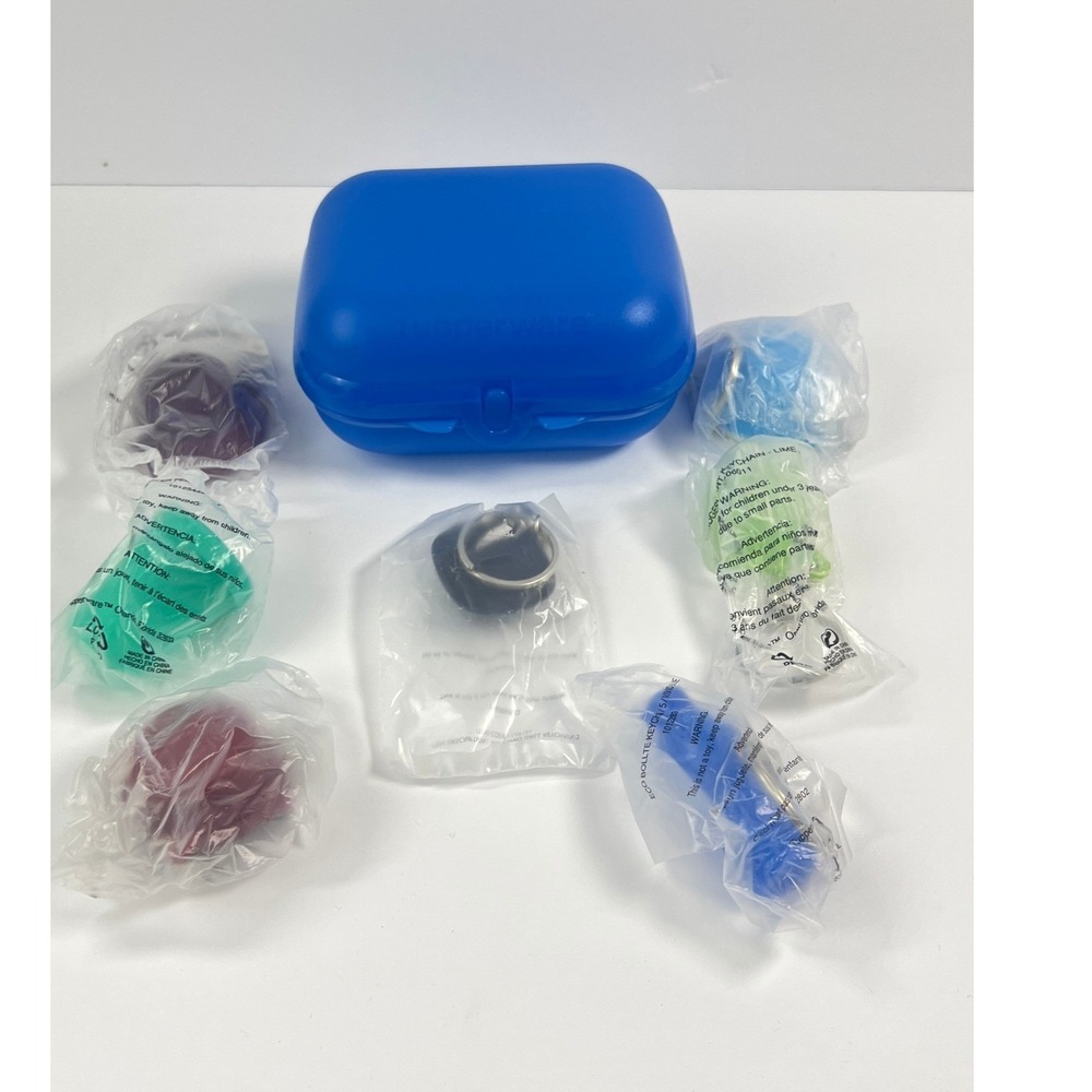 Tupperware Keychain Set  New 7 pc Miniatures with Blue Case 6 Keychains